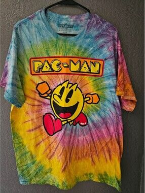 Men's Pac-Man Graphic Shirt Large Rainbow Tie Dye Retro Gaming Short Sleeve Tee
